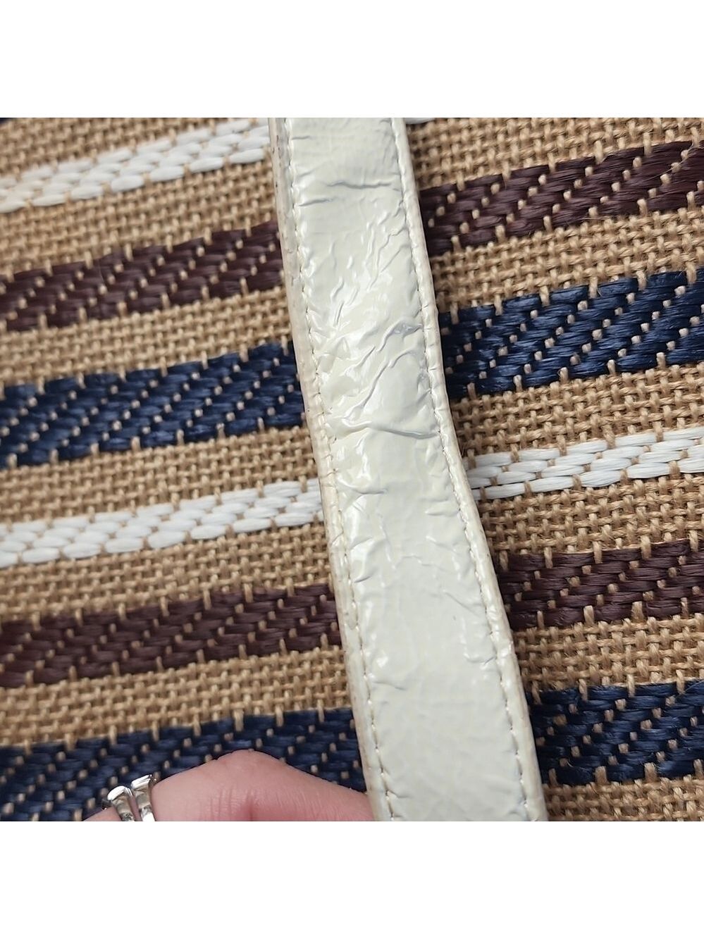 70s Canvas & Leather Turn Lock Satchel Crossbody Handbag Striped Neutral Boho - Picture 10 of 11